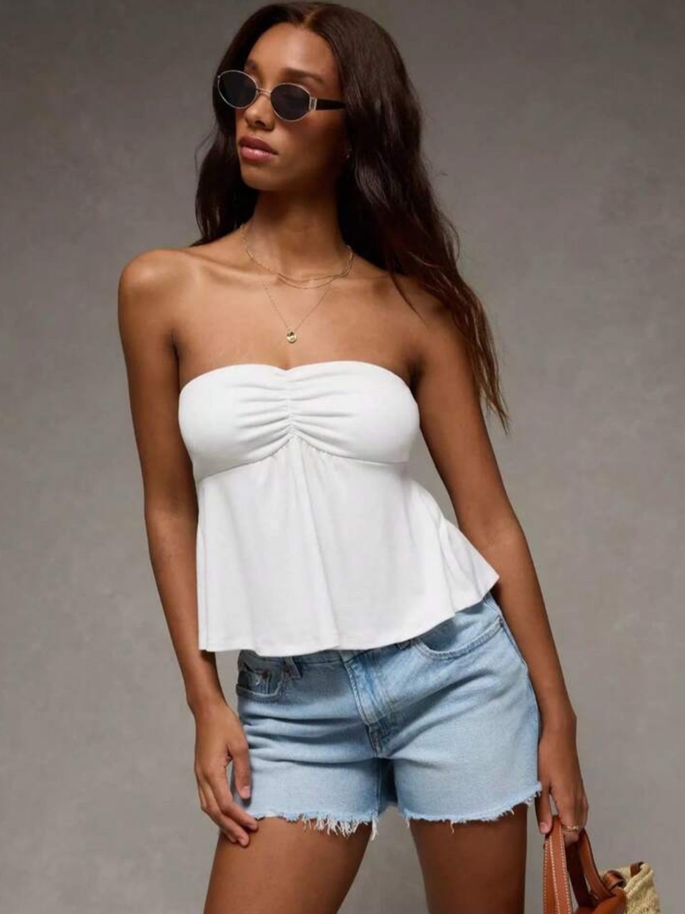AE White Pleated Tube Top - Strapless Flared Hem
